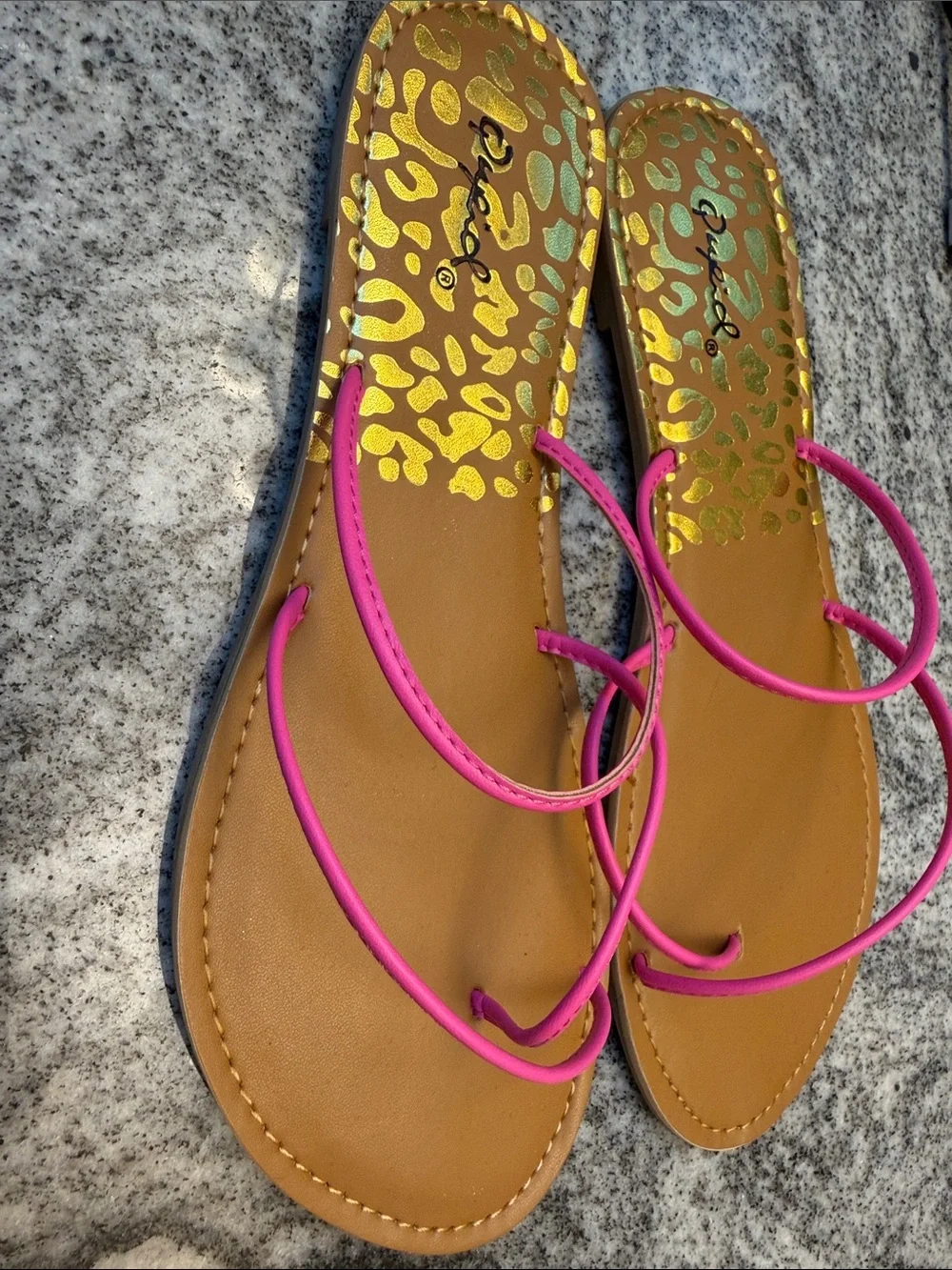 Qupid Pink Strappy Flat Sandals with Gold Leopard Inlay
